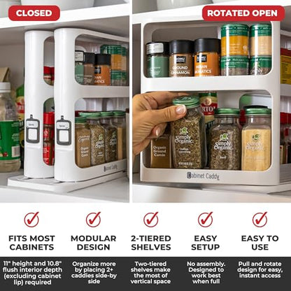 Spice Rack Organizer for Cabinet - Slide & Rotate Kitchen Organizers and Storage - 2 Double-Decker Shelves - Non-Skid Base - Magnetic Modular Design - 10.8" H x 5.25" W x 10.8" D
