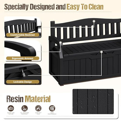 80-Gallon Outdoor Storage Bench for Patio, Garden, Pool, Black | Waterproof Deck Box with Lockable Lid & Armrests