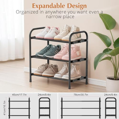 INSMART 3-Tier Expandable Shoe Rack, Stackable and Adjustable Shoes Organizer Storage Shelf, Sturdy and Durable Metal Structure Free Standing Shoe Rack for Closet Entryway Doorway
