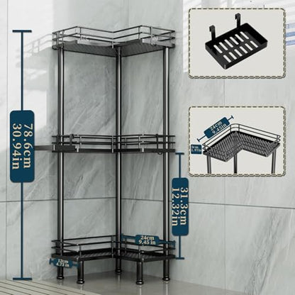 Corner Shower Caddy Standing - 3-Tier Stainless Steel Shower Organizer with Soap Holder and 4 Hooks, Large Capacity Corner Shelf Stand for Bathroom, Rest Room, Black