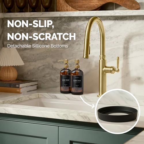 Vine Creations Amber Glass Soap Dispenser, 2 Pack Kitchen Soap Dispenser Set with Stainless Steel Pump, 16 oz Dish Soap and Hand Soap Dispensers for Bathroom with Waterproof Labels and Protective Pads
