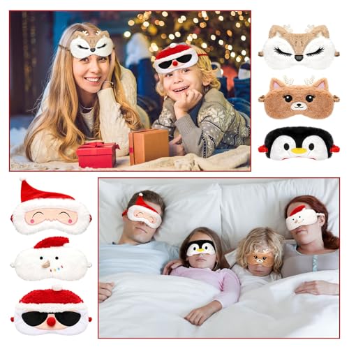 Chicingyou 6 Set Christmas Sleep Mask with Satin Travel Bag Eye Mask Gift for Christmas Elastic Scrunchie Ear Plugs Plush Eye Cover Cartoon Animal Blindfold for Xmas Party Favor Home Bed Traveling