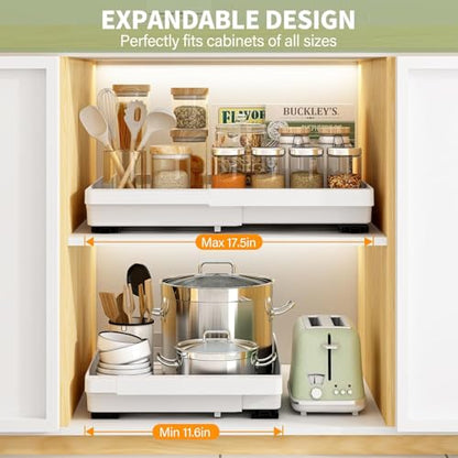 DOMNIU Pull Out Cabinet Organizers Expandable,White,16.9"Depth,2 Pack | Plastic Slide Out Drawers for Kitchen, Bathroom, Pantry, Under Sink Storage, Fixed with Adhesive Nano Film (11.6''-17.5'')