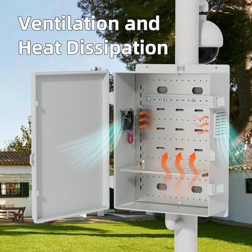 Joinfworld Vented Outdoor Enclosure Box 18.1x12.6x6.4 White | ABS Weatherproof WiFi Enclosure with 12V Fan, DIN Rail, Dustproof Design & Wall/Pole Mounting