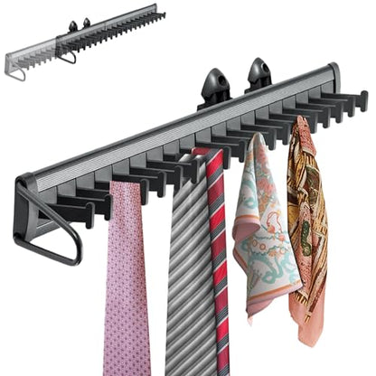 Sliding Tie Rack Hanger for Closet, 20 Tie Pull Out Belt Rack Organizer | Aluminum Alloy Side Mounted Tie Organizer for Closet, Extending Belt Holder Hanger with 20 Hooks for Scarves Ties Belts Shawl