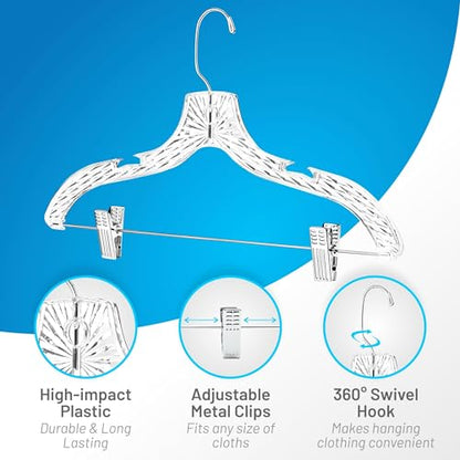 DEILSY™ Clothes Hangers with Clips 12 Pack Crystal Clear Plastic Hangers | Pants hangers with clips and 360° swivel hook, clip hangers for pants, skirts, suits and dresses in any closet