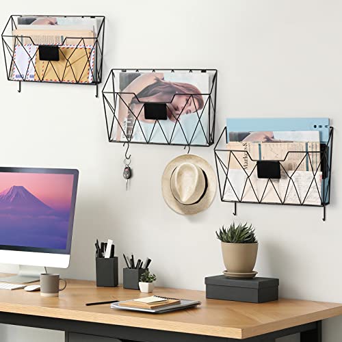 YBING Wall File Organizer, Hanging File Holder & Basket Set of 3, Black | Hanging File Rack with Hooks, Mail Organizer, Metal Wall Storage for Office Living Room School Classroom Home