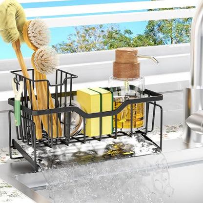 Sponge Holder for Kitchen Sink, Stainless Sink Caddy Organizer | Rustproof Kitchen Sink Organizers with High Brush Holder & Self Drain Tray, Anti-Slip Kitchen Countertop Storage Essentials