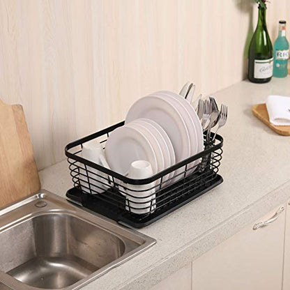 Kitchen Dish Drainer Rack with Drying Board and Full-Mesh Silverware Utensils Holder, Black