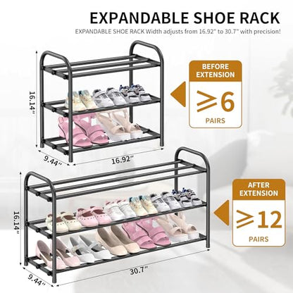 Hleelomi 3-Tier Metal Expandable Shoe Rack for Closet and Entryway Black | Adjustable Shoe Organizer for Closet,Living Room,Dorm,Garage,Fits Small Spaces, Apartments and Rentals