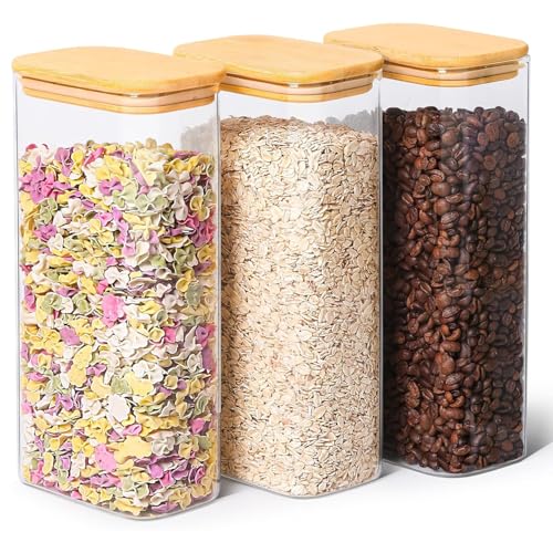 ComSaf Glass Storage Containers With Lids 2 Qt, Set of 3 Cereal Containers | Pantry Storage Container, Rectangle Jar, Glass Cereal Dispenser, Kitchen Canisters, Dry Food, Flour, Sugar, 64oz, BPA Free