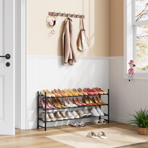 Expandable Shoe Rack for Closet 3 Tier, 28“-41“Stackable, Black | Adjustable Shoe Organizer Closet Shoe Rack Floor, Metal Shoe Shelf Storage for Entryway, Closet, Garage, Front Door Entrance