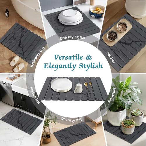 Stone Dish Drying Mat for Kitchen Counter, 24 x 16 Inch(Dark Gray Marble) | Absorbent diatomaceous earth and PVC, folds for compact storage, suitable for dishes, cups, bottles, or a bathroom floor mat