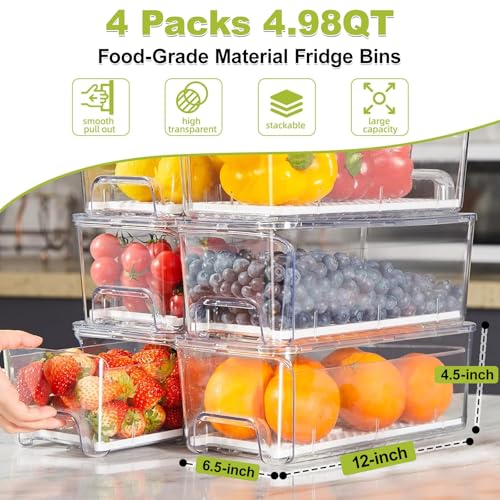 4-Pack Refrigerator Drawer Organizer Bins, Clear Stackable Pull Out Fridge Organizers and Storage Container, with Strainer Layer for Fruits, Vegetables, Drinks, Snack and Food
