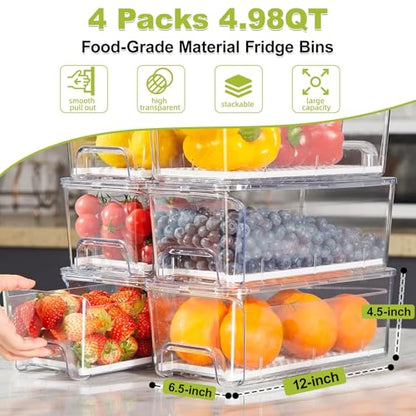 4-Pack Refrigerator Drawer Organizer Bins, Clear Stackable Pull Out Fridge Organizers and Storage Container, with Strainer Layer for Fruits, Vegetables, Drinks, Snack and Food
