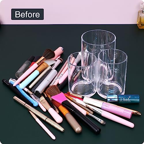 MOSIKER Hair Brush Holder, Clear Acrylic Makeup Brush Organizer, 3 Sections | Connected open-top cylinders in varied heights sort combs, mascara, eyeliner, lip pencils, pens and small remotes.