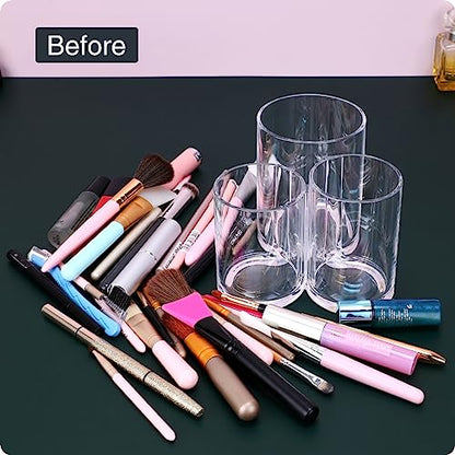 MOSIKER Hair Brush Holder, Clear Acrylic Makeup Brush Organizer, 3 Sections | Connected open-top cylinders in varied heights sort combs, mascara, eyeliner, lip pencils, pens and small remotes.
