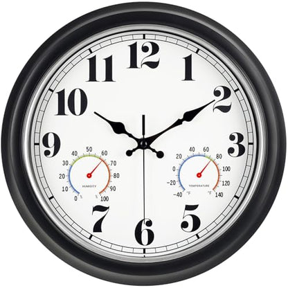 45MinST 13-Inch Vintage Outdoor Wall Clock with Thermometer and Hygrometer, Waterproof, Large Numbers, Silent, for Indoor and Outside Use,Porch,Garden,Pool(Black Frame with Silver Trim)