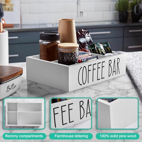 ALELION White Coffee Station Organizer with Removable Dividers – Wooden Coffee Bar Countertop Organizer for Pods, Stirrers, Sugar Packets & Lids, Kitchen, Office, Café Use