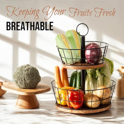 2 Tier Fruit Bowl - Sturdy Iron Wire Fruit Basket with Real Wood Base, 12 Inch Large Fruit Basket for Kitchen Counter, Anti-Slip Silicone Pads, 2 Tier Fruit and Vegetable Storage Solution