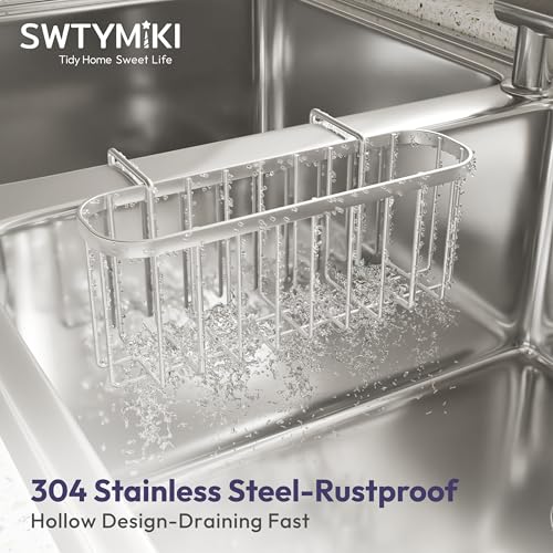 Sponge Holder for Kitchen Sink, Movable Kitchen Sink Caddy with Compact Size Rustproof and Waterproof Hanging Sponge Caddy for Double Bowl Sinks, Silver