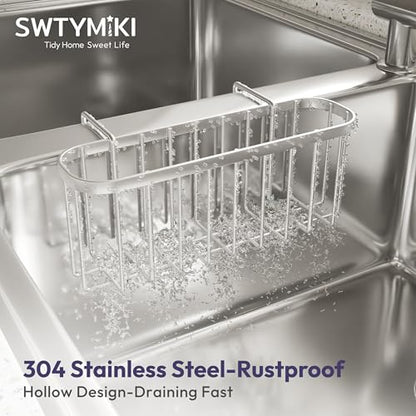 Sponge Holder for Kitchen Sink, Movable Kitchen Sink Caddy with Compact Size Rustproof and Waterproof Hanging Sponge Caddy for Double Bowl Sinks, Silver