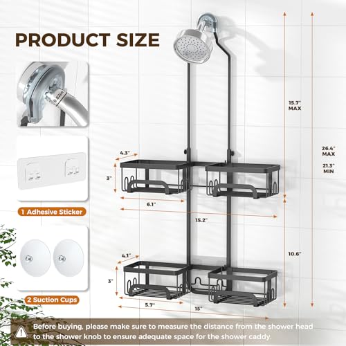 Split Shower Caddy Hanging for Handheld Showerheads, Black | Adjustable Shower Organizer, Rustproof, 16 Hooks, Soap Holder, 40lbs Capacity, Anti-Slip, Tool-Free, Bathroom Accessories