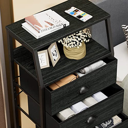 Black Dresser for Bedroom, Fabric Dorm Tall Nightstand | 5 Drawers Chests of drawers, Closet Organizer, Bedside Table Furniture for Living Room, Sturdy Steel Frame, Wood Top