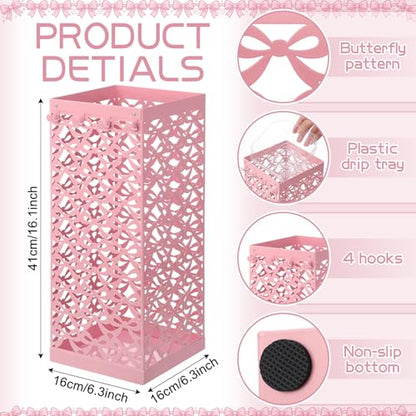 Hicarer Pink Bow Umbrella Holder for Entryway Umbrella Stand with Removable Drip Tray & 4 Hooks Cute Coquette Square Freestanding Walking Sticks Storage Bin for Home Hallway, 16 x 6.3 x 6.3 Inch