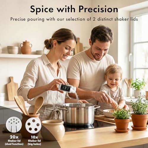 Glass Spice Jars with Label, 24x Acacia Wooden Lids - Black Labels