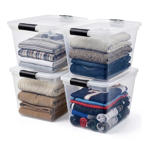 HOMZ Clear Plastic Storage Bins with Latching Lids, 31 Qt, Gray, 4 Pack | Stackable Container Set for Home, Office Shelves, Kitchen, Garage, and Bathroom Organization
