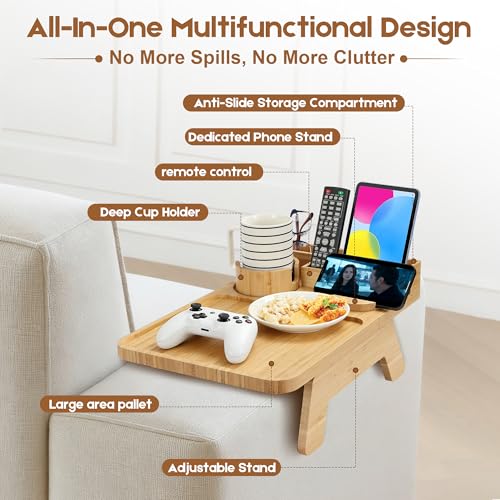 Bamboo Couch Arm Tray,with Cup Holder Phone Stand&Non-Slip(Natural Bamboo) | 100% side-pressed bamboo couch arm tray, cup holder & phone slot, non-slip base, fits most 12" sofa arms, multi-scene use