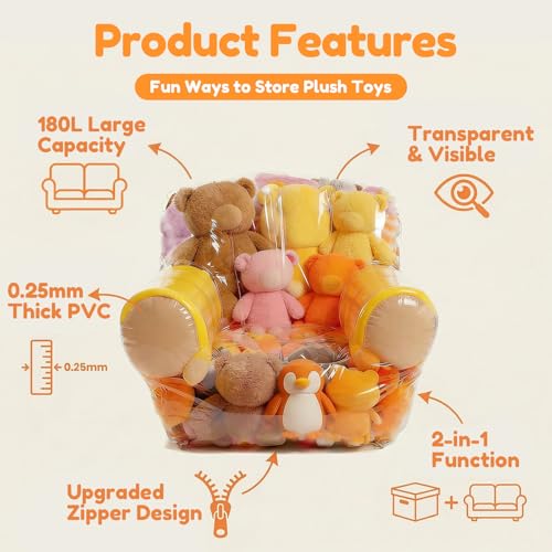 Clear Stuffed Animal Storage Chair Cover for Kids, 180L Large Thickened PVC Bean Bag Cover with Zipper, Waterproof Plush Storage Organizer and Seat, Beanbag Chair for Playroom