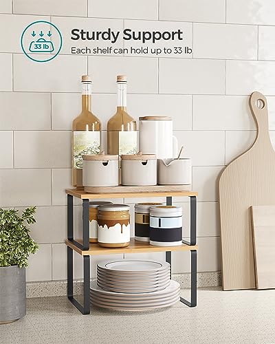 SONGMICS Cabinet Organizer Shelf, Set of 2 Kitchen Counter Shelves, Kitchen Storage, Spice Rack, Stackable, Expandable, Metal and Engineered Wood, 11.7 Inches, Ink Black and Natural Beige UKCS02NB