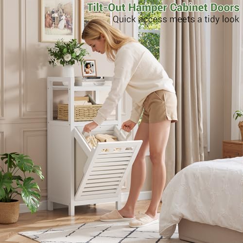 Tilt Out Laundry Hamper, 10 Gal Bamboo Laundry Storage Cabinet with Removable Basket, Hidden Hamper Organizer with Shelf for Dirty Clothes, Bathroom, Laundry Room, Space Saving, White