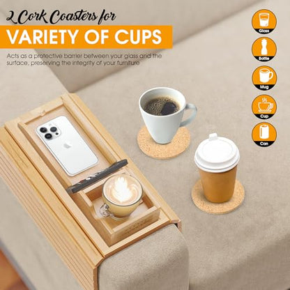 Bamboo Couch Cup Holder, 2 Cork Coasters, Anti-Slip Foldable Couch Arm Tray | 2 in 1 Foldable Sofa Arm Tray, Couch Armrest Table, Anti-Spill Couch Arm Table for Drinks TV Remote Cellphone Snacks