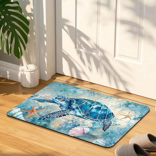 Turtle Bathroom Rugs, Quick Dry Absorbent Non Slip Bath Mat 16x24 in | Rubber Backing, Machine Washable Bathroom Mat for Shower, Tub and Sink Areas with Beach Seashell Ocean Blue