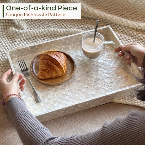 15.8" x 11.8" Capiz Shell Decorative Tray, Coastal Serving Tray | Natural Capiz Shell Inlaid, Fish-Scale Pattern, White Tray. Handmade Rectangular Serving Tray With Handles For Coffee Table