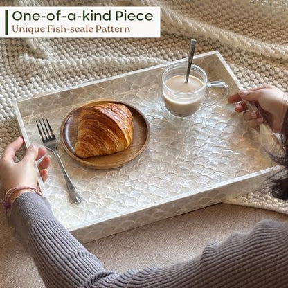 15.8" x 11.8" Capiz Shell Decorative Tray, Coastal Serving Tray | Natural Capiz Shell Inlaid, Fish-Scale Pattern, White Tray. Handmade Rectangular Serving Tray With Handles For Coffee Table