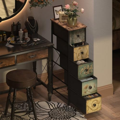 Narrow Storage Dresser Slim Dresser with Retro Flowers Fabric Drawers Vertical Skinny Cabinet for Small Spaces,Bathroom,Bedroom Closet Nightstand,Entryway Organizer (Retro Flower, 5 Drawers)