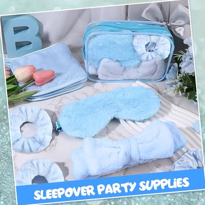 30 Pcs Spa Sleepover Party Supplies 6 Bow Makeup Headband 6 Plush Sleep Eye Mask 6 Velvet Scrunchies 6 Makeup Remover Cloth 6 Clear Cosmetic Bags for Women Slumber Party Favors (Blue)