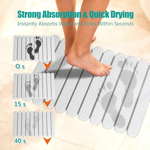 Foldable Stone Bath Mat, Diatomaceous Earth Mat, Quick Dry Slatted Shower Mat, Non-Slip Bathroom Floor Mat with Portable Design for Tub, Sink, and Entryway – 23.8" x 15.3", Gray White
