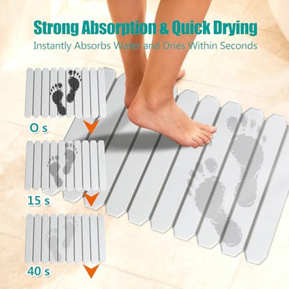 Foldable Stone Bath Mat, Diatomaceous Earth Mat, Quick Dry Slatted Shower Mat, Non-Slip Bathroom Floor Mat with Portable Design for Tub, Sink, and Entryway – 23.8" x 15.3", Gray White