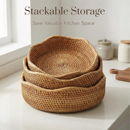 YANGQIHOME Rattan Bread Basket, Round Fruit Baskets, Wicker Storage Bowls, Natural Woven Serving Basket Bowls, Decorative Baskets for Kitchen Counter Organizing