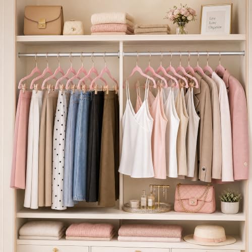HOUSE DAY Pants Hangers with Clips 24 Pack, with Rose Gold Hook and Clips | Non Slip Velvet Flocked, Swivel Hook, Space Saving, Rubber Padded Clips, For Pants, Skirt, Shorts, Coat, Outfit - Pink