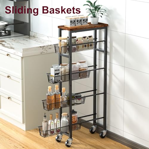 Honest Slim Storage Cart 4-Tier Slim Rolling Cart with Metal Frame and Wooden Top, 6.3 Inches, Storage Cart for Kitchen, Dining Room, Living Room, Bathroom, Home Office, Rustic Brown and Black