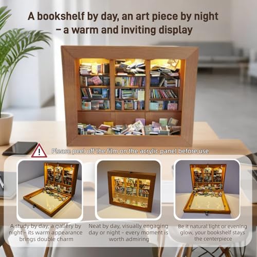 Anxiety Bookshelf with 6 Decorative Mini Lights and 400 Mini Book Pieces, Miniature Bookshelf, Book Organizer for Office Desk, Library Decor for Tiny Home and Bookish Spaces, 10.2 x 9.1 x 3.1 in