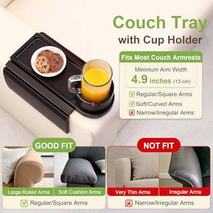 Couch Cup Holder,Bamboo Couch Arm Tray with 360° Rotating Cup Holder,Foldable Anti-Slip Sofa Arm Chair Tray for Eating Snack Drink Side Table