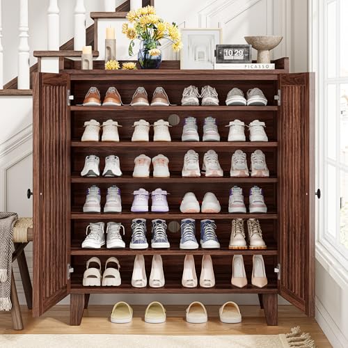 IRONCK Shoe Cabinet with Slatted Doors, 6-Tier Shoe Storage Cabinet, Walnut | Adjustable Shelves, Wooden Shoe Rack Organizer for Entryway, Hallway, Closet, Living Room