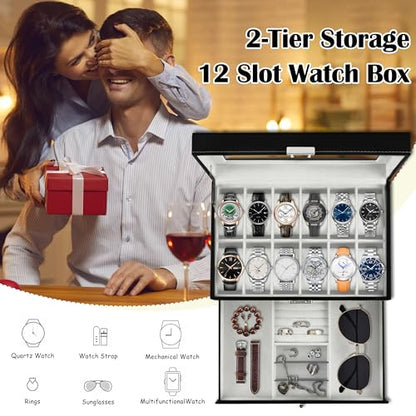Ogrmar 12 Slot PU Leather Lockable Watch Storage Box for Men & Women Black | Watch Cases for Men & Women Jewelry Display Drawer Case, 2-tier Organizer Watch Showcase with Glass Lid